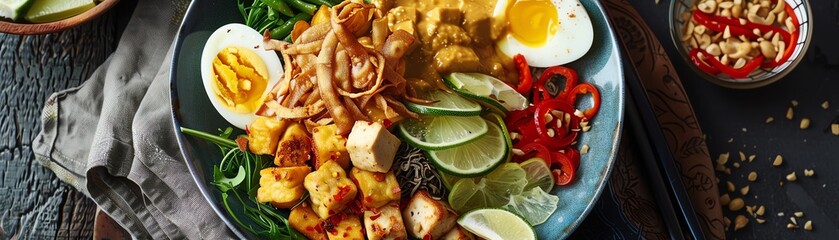 A colorful plate of Indonesian GadoGado with blanched vegetables, tofu, tempeh, boiled eggs, and a rich peanut sauce, garnished with crispy shallots and lime wedges