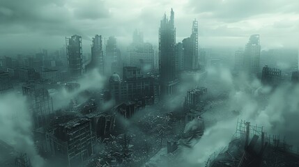 Aufkleber - A city in a post-apocalyptic world lost in deep cloud, wastelands. Generative AI.