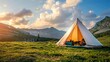 © Yusif - A large white camping tent set up in green grass, surrounded by camping gear, with mountains and a blue sky with white clouds in the background.