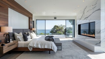 Modern bedroom with large ocean-view windows, white marble walls, wood bed frame, light grey carpet, modern lamps on nightstand, and wall-mounted gas fireplace.