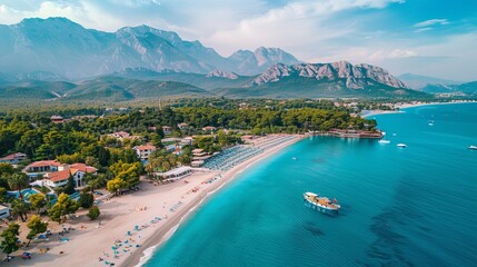An aerial view of Moonlight Beach in Kemer, Antalya, Turkey, showcasing its beautiful turquoise colors.