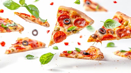 Flying pizza slices, isolated on a white background, featuring delicious pepperoni pizza slices with olives, melting cheese, and basil leaves. 