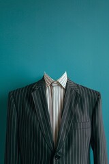 Headless man in pinstripe suit and striped shirt against teal background, representing the concept of anonymity and business attire.