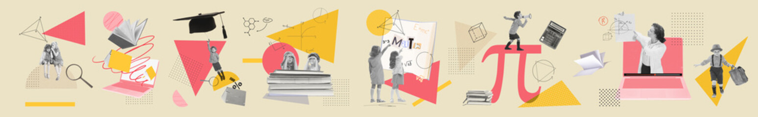 Banner. Contemporary art collage. surreal collection depicting education process between main characters, children and teacher. Concept of online studying, knowledge development, information.