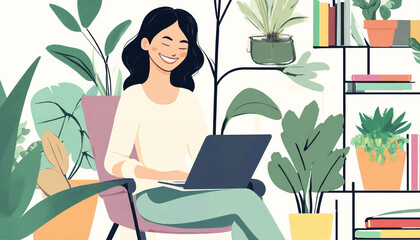Woman working on laptop, remote work, freelancing, home office, programming, studying, online shopping, internet surfing, freelancer girl working from home