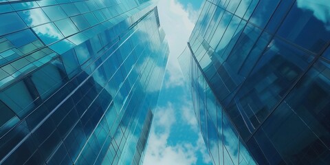 low angle view of tall glass building with blue sky background