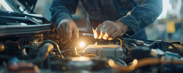 car mechanic working on car engine under the hood of vehicle and holding battery with flash light, sun shining on background