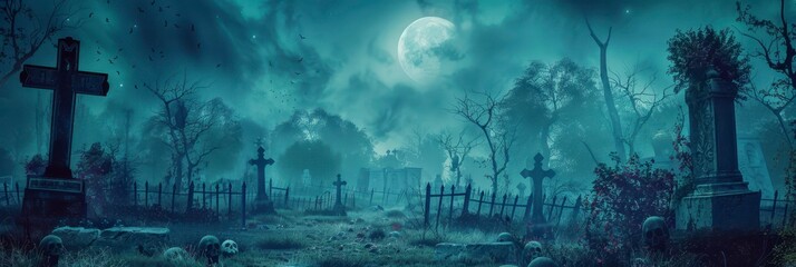 halloween graveyard background with moonlight, spooky cemetery scene in blue hue