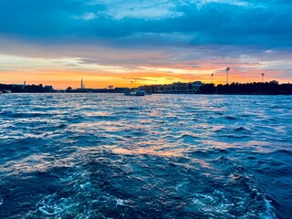 Wall Mural - Fantastic purple sunset at the city river, city river view, cloudy sky