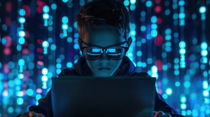 young cyber boy working on laptop ethical hacking concept with abstract technology background