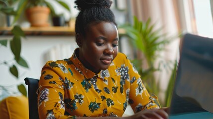 A woman in a yellow floral blouse works on a laptop at a desk