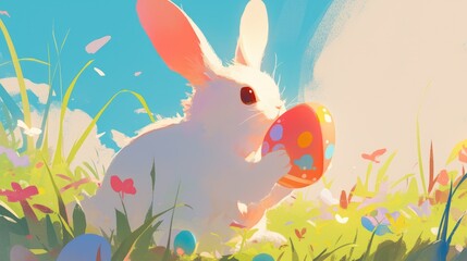 Wall Mural - A bunny holding a colorful Easter egg