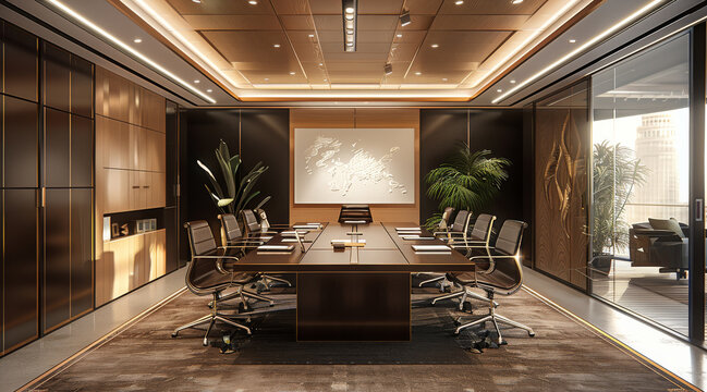 Modern board room of an office, sophisticated and elegant design with hospitality elements, in black and a chocolate brown and walnut wood pallet, walls with brown patterned panels. Generative AI.