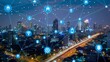 © Orxan - Smart city technology depicted with interconnected icons above the city, symbolizing a smart city that enhances convenience for residents through advanced communication and medical systems