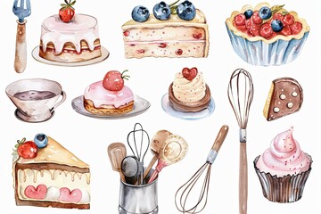 Wall Mural - Baking Delights Sticker Set - Sweet Creations: An adorable digital sticker set with watercolor illustrations