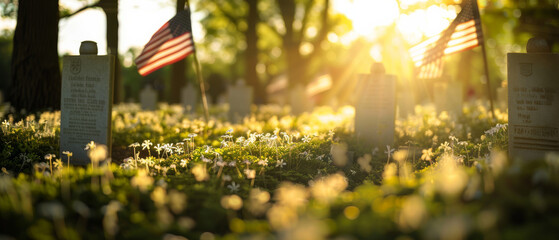 A tranquil cemetery with American flags fluttering among sunlit gravestones, evoking a sense of peaceful reverence and honor.