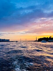 Wall Mural - Fantastic purple sunset at the city river, city river view, cloudy sky