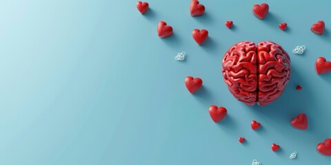 blue background with red heart and red love shape brain