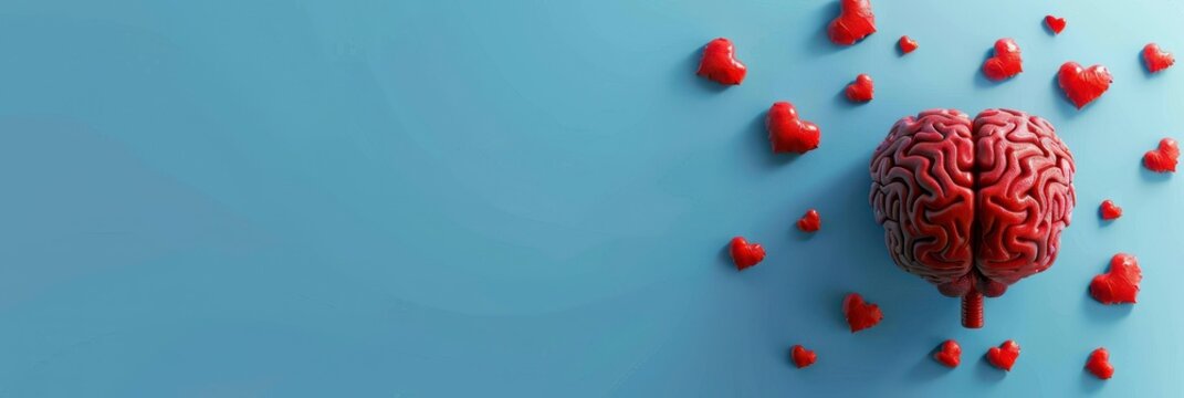 blue background with red heart and red love shape brain