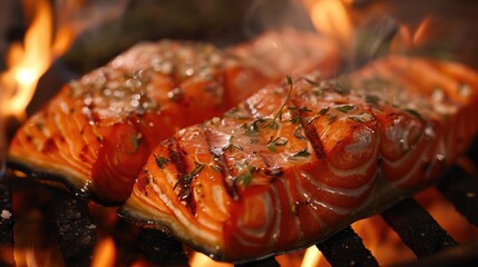 Wall Mural - Cooked salmon steaks over an open flame