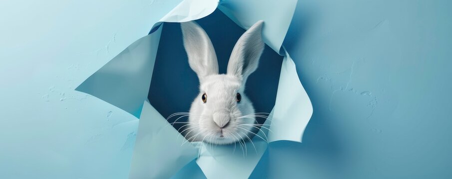 white rabbit head breaking through the hole in blue paper background