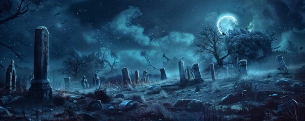 halloween graveyard background with moonlight, spooky cemetery scene in blue hue