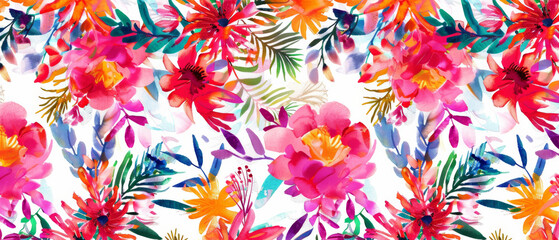 Wall Mural - a vibrant pattern of colorful abstract flowers with bold reds, pinks, purples, and greens, creating 