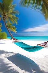 Wall Mural - Hammock suspended from a palm tree on a beach with white sand and turquoise water. Tropical vacation and travel concept.