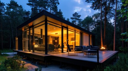 Modern luxury villa exterior in minimal style for luxury glamping. Glass cottage in the woods at night. Modern cabin house in deep forest
