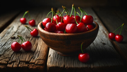 Wall Mural - a cherry on a wooden plate