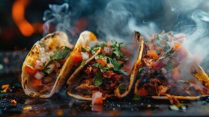 Delicious Mexican tacos with meat, beans and vegetables on a dark background. Close up