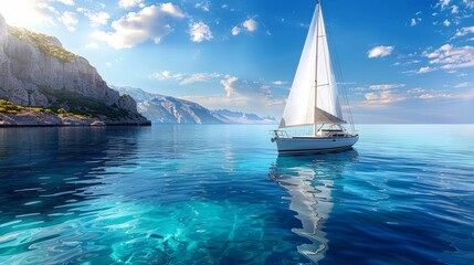 Wall Mural - Amazing View Of A Sailboat On A Calm Sea With A Rocky Coastline In The Background.
