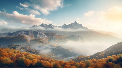 Wall Mural - Autumnal Mountain Landscape with Fog