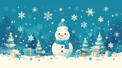 Poster - A festive Christmas card backdrop featuring snowflakes and a cheerful snowman set against a serene blue background depicted in a charming 2d illustration