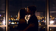 © Prostock-studio - Couple in love kissing on panoramic window background overlooking night city. Love, relationships, affection concept