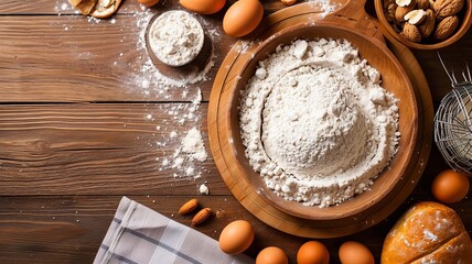 Wall Mural - Baking ingredients with flour, sugar, milk and eggs. selective focus. Generative AI,