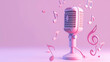 © Graphic Master - 3D microphone icon with floating musical notes and sound waves, on a light purple background