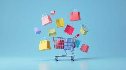 Canvas Print - 3D shopping cart icon with colorful shopping bags