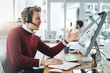 Aufkleber - Call center, man and talking for customer support on computer with legal advice, explaining and contact us. Consultant, microphone and helping at telemarketing agency with consulting and CRM operator