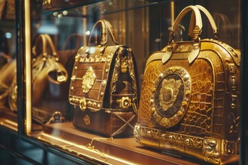 Luxury Goods Shopping. Leather Purse Store Window Display with Gold Glamour