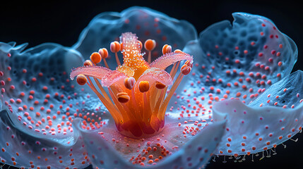 Poster - A deconstructed flower pistil, magnified 1000x, unveils a network of intricate pathways. Tubes and chambers resemble a futuristic transportation system, glowing with an otherworldly light.