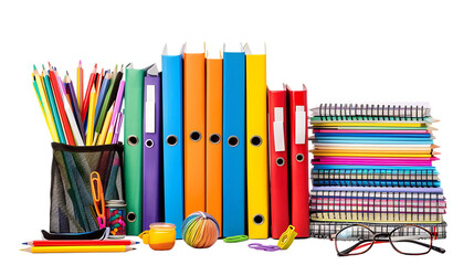 School supplies with books isolated on transparent background