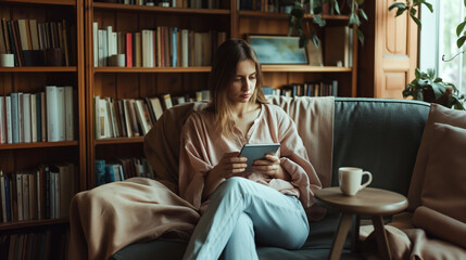 Poster - a Russian model in a cozy office with wooden furniture and bookshelves, sitting on a sofa with a cup of coffee and a tablet