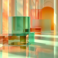 Poster - Minimalist geometry in different colors and sizes, glass texture, green orange, bright colors, contrasting tones, rich geometric composition, floating, soft tonal changes. Generative AI.