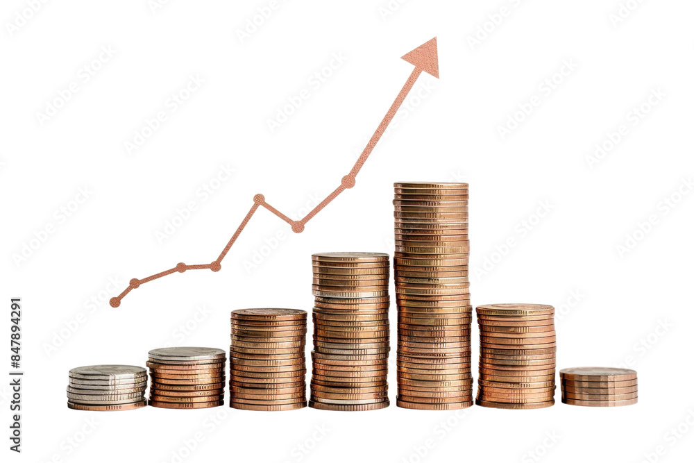 Stacked coins in ascending order with an upward arrow representing ...