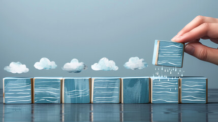 Poster - Creative visualization of a series of wooden blocks with hand-drawn clouds and rain,