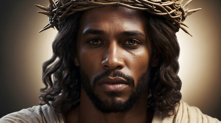 Portrait of black Jesus Christ with crown of thorns on his head. Photorealistic portrait. Close-up. High quality. Church. Faith.