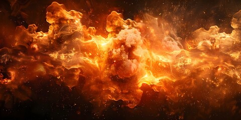 Genesis 11 creation scene with fiery explosion against dark backdrop. Concept Biblical, Creation, Fire, Explosion, Dark Backdrop
