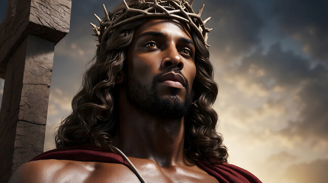 Portrait of black Jesus Christ with crown of thorns on his head. Photorealistic portrait. Close-up. High quality. Church. Faith.