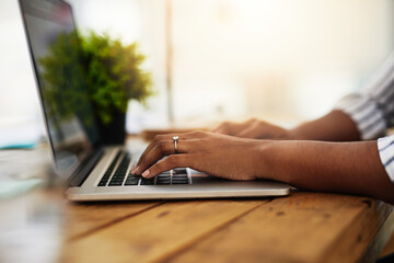 Poster - Woman, tablet and typing on table for social media post, communication or online news on weekend break. Female person, technology and writing message for internet research, web browsing or networking